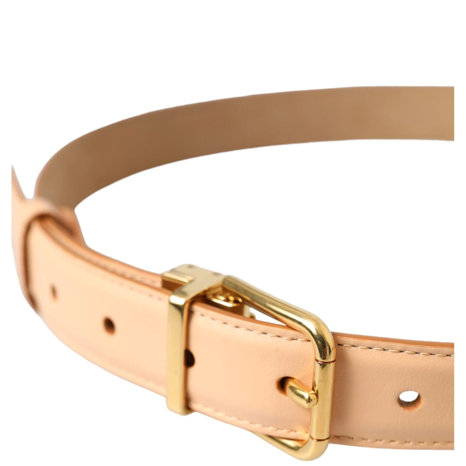 Beige Calfskin Leather Gold Metal Buckle Belt