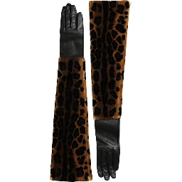 Brown Black Leopard Leather Elbow Length Gloves