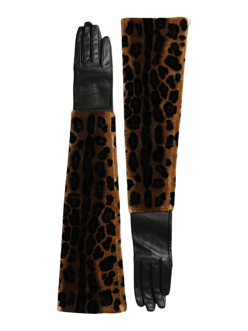 Brown Black Leopard Leather Elbow Length Gloves