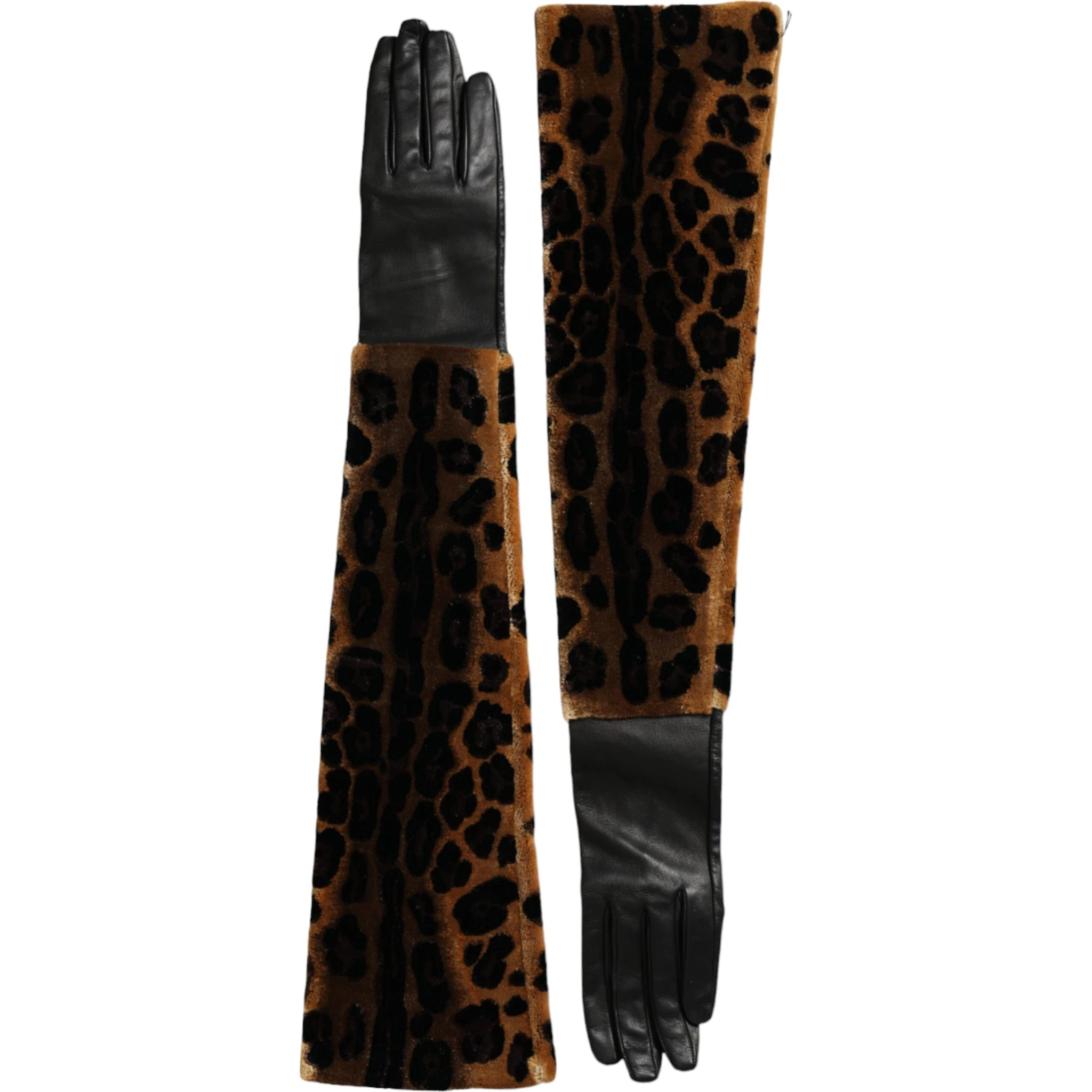 Brown Black Leopard Leather Elbow Length Gloves