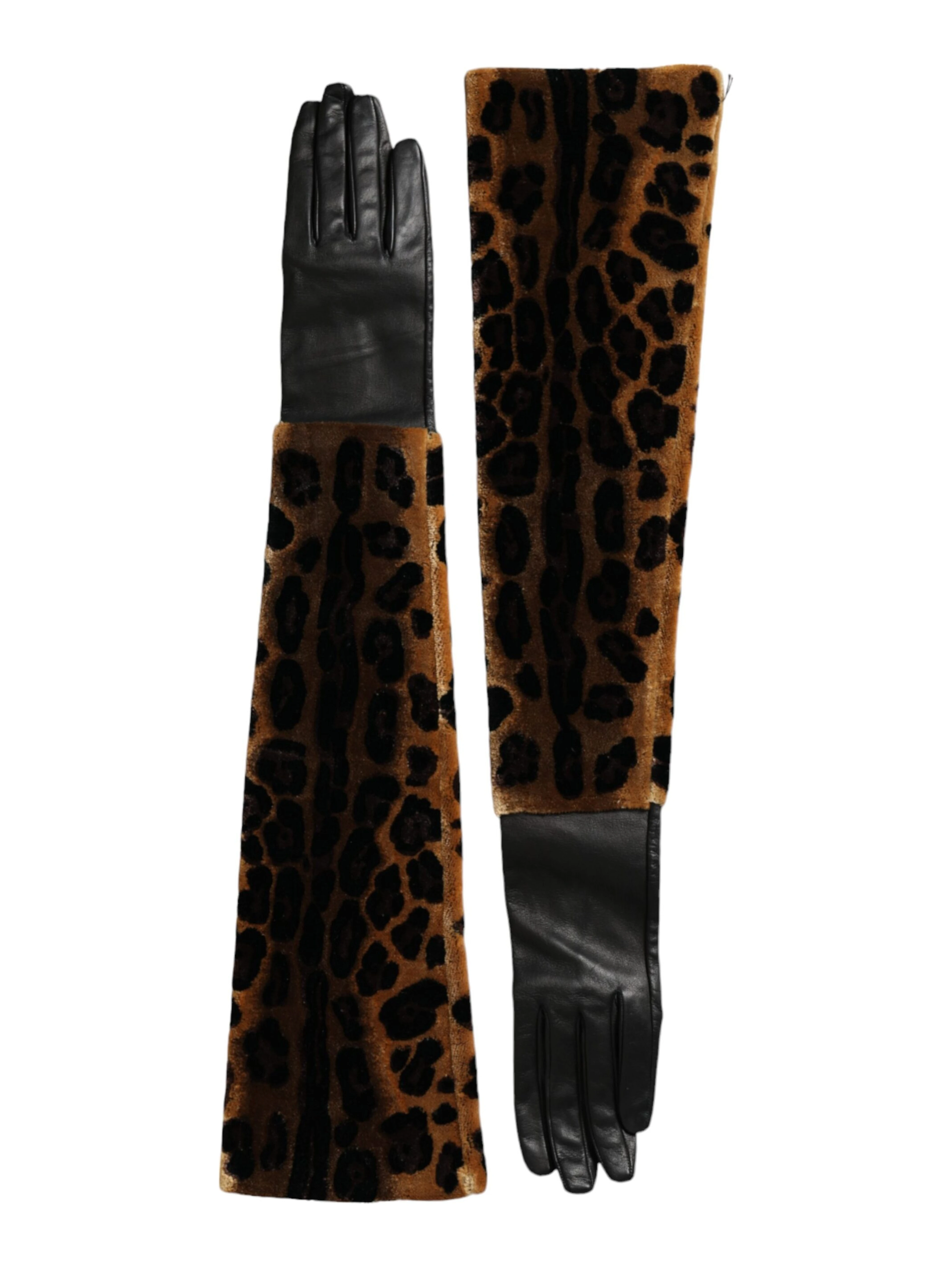 Brown Black Leopard Leather Elbow Length Gloves