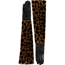 Brown Black Leopard Leather Elbow Length Gloves