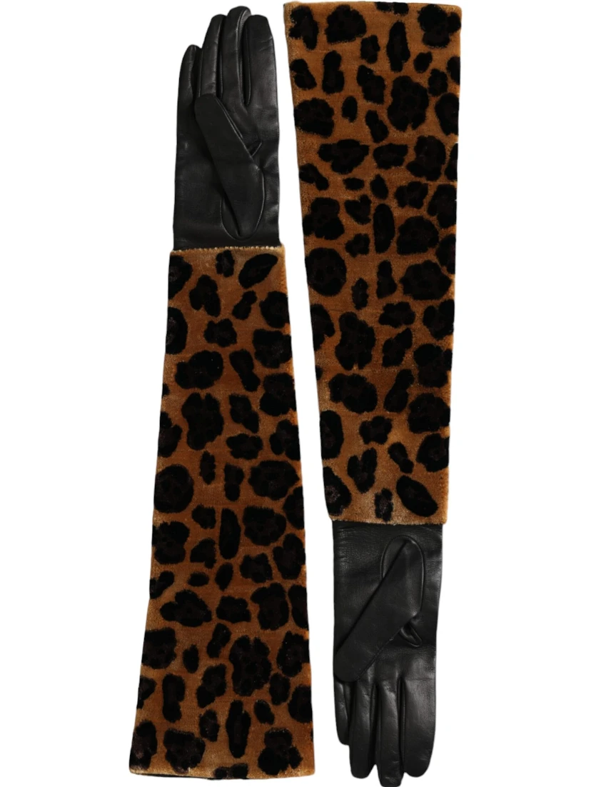 Brown Black Leopard Leather Elbow Length Gloves