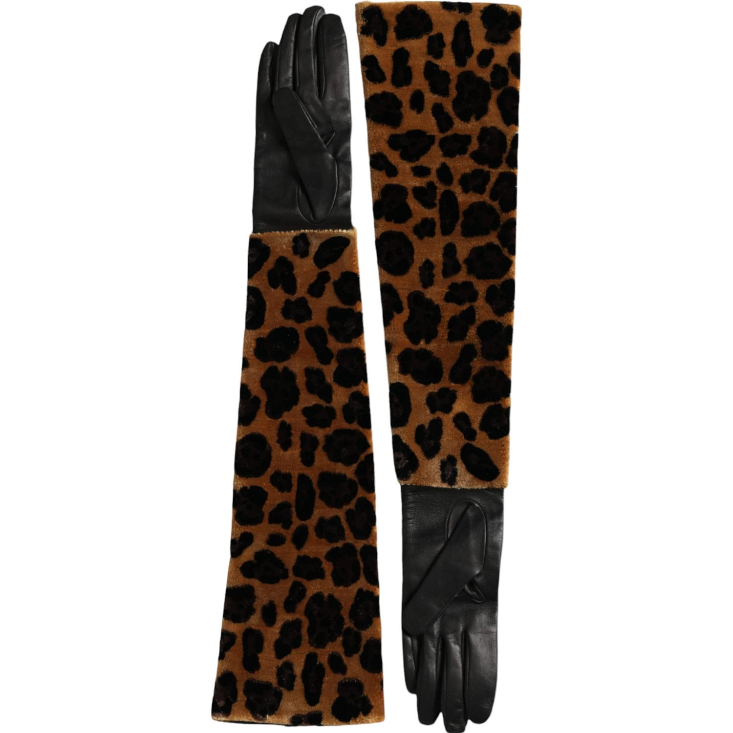 Brown Black Leopard Leather Elbow Length Gloves