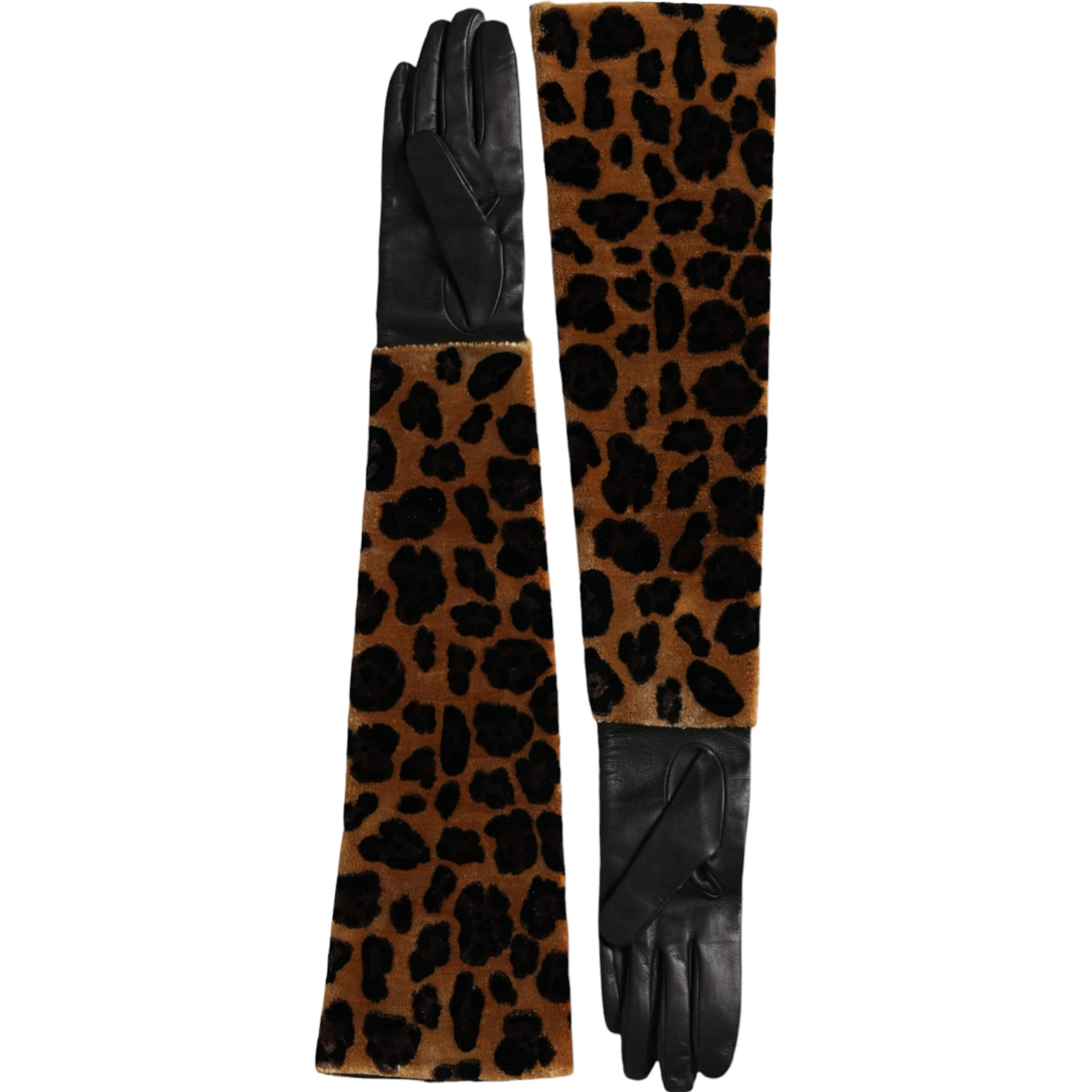 Brown Black Leopard Leather Elbow Length Gloves