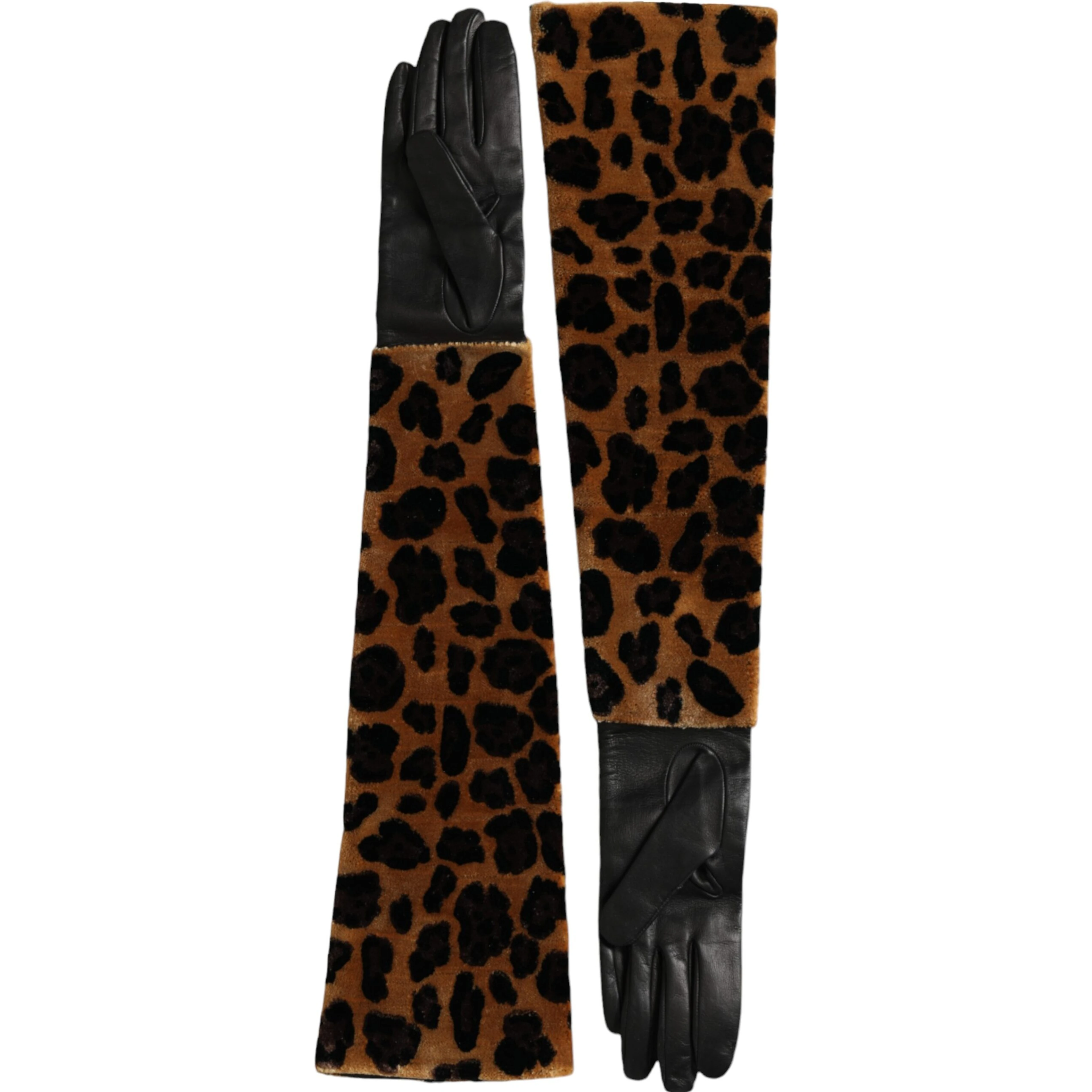 Brown Black Leopard Leather Elbow Length Gloves