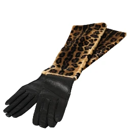 Brown Black Leopard Leather Elbow Length Gloves