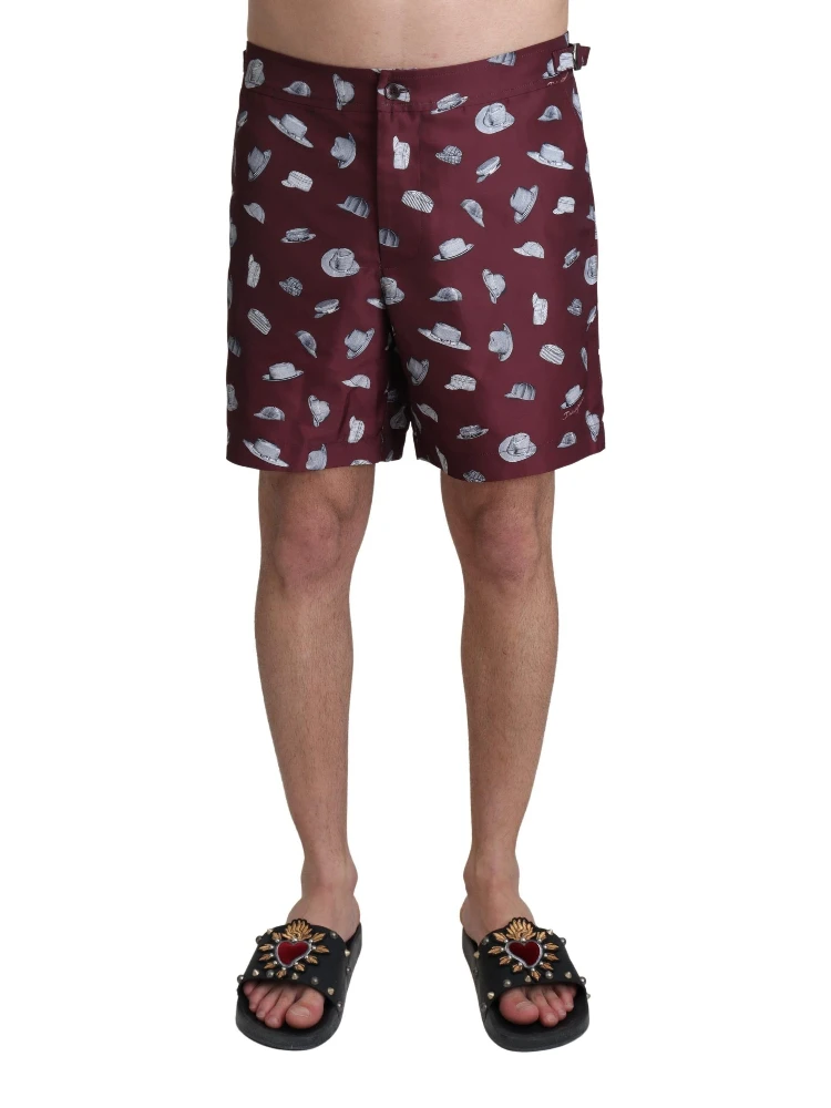 Maroon Hats Print Beachwear Shorts Swimwear