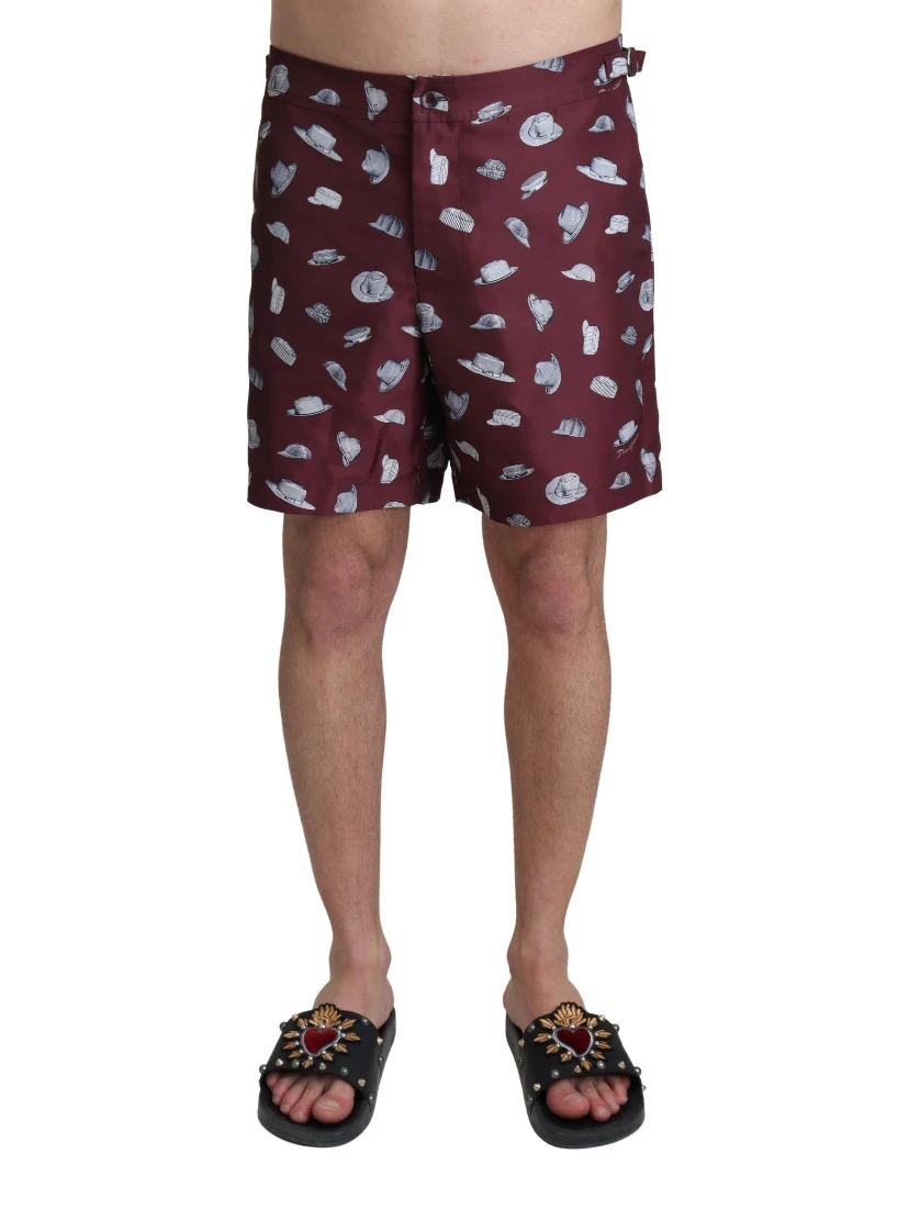Maroon Hats Print Beachwear Shorts Swimwear