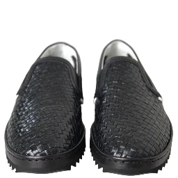 Black Woven Buffalo Leather Men Loafers Shoes