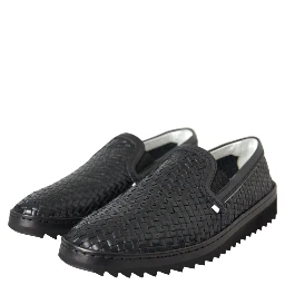 Black Woven Buffalo Leather Men Loafers Shoes