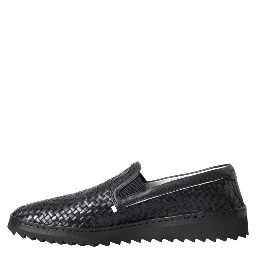 Black Woven Buffalo Leather Men Loafers Shoes