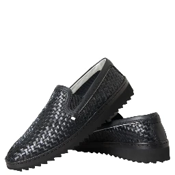 Black Woven Buffalo Leather Men Loafers Shoes