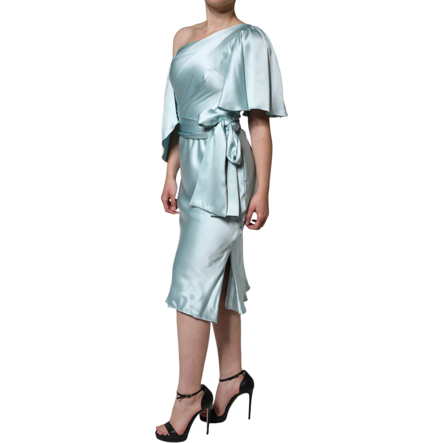 Mint Green Silk Fit Cut One Shoulder Dress