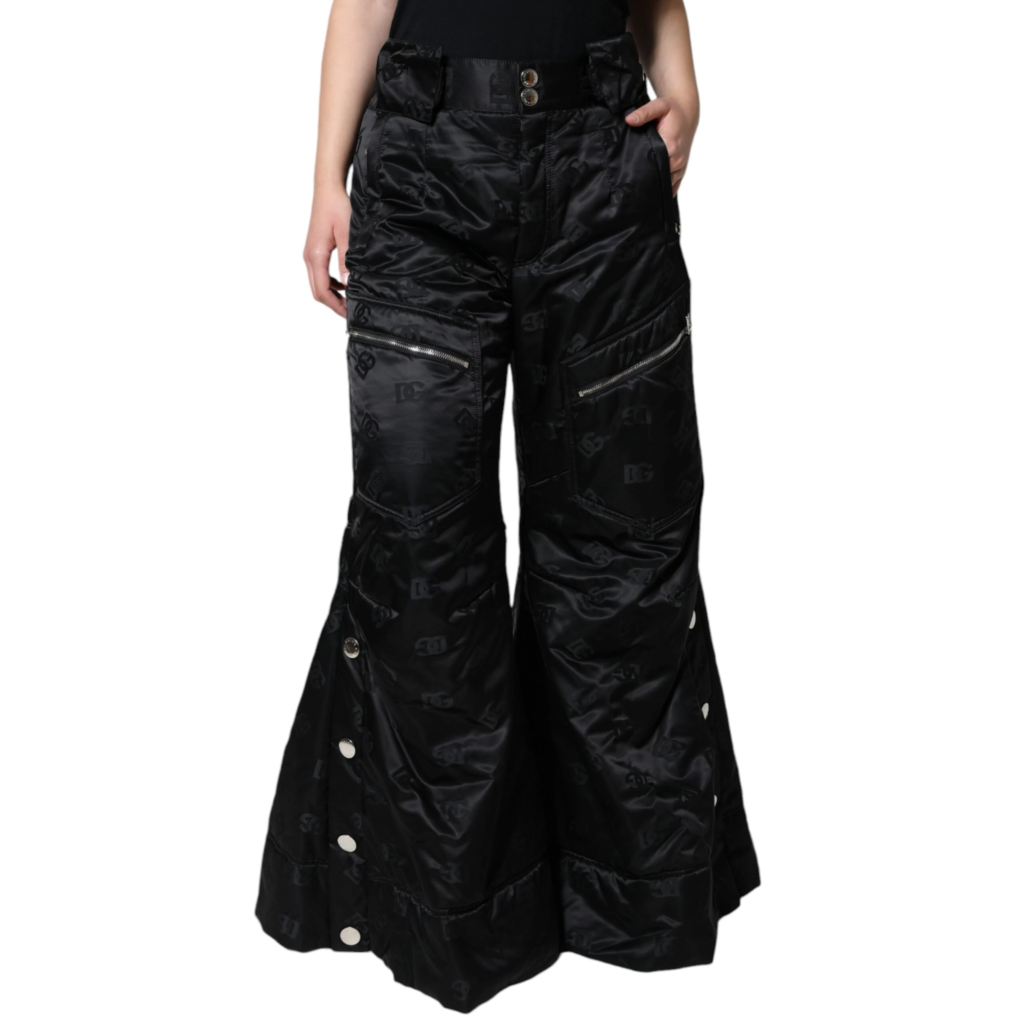 Black Quilted High Waist Women Wide Leg Pants