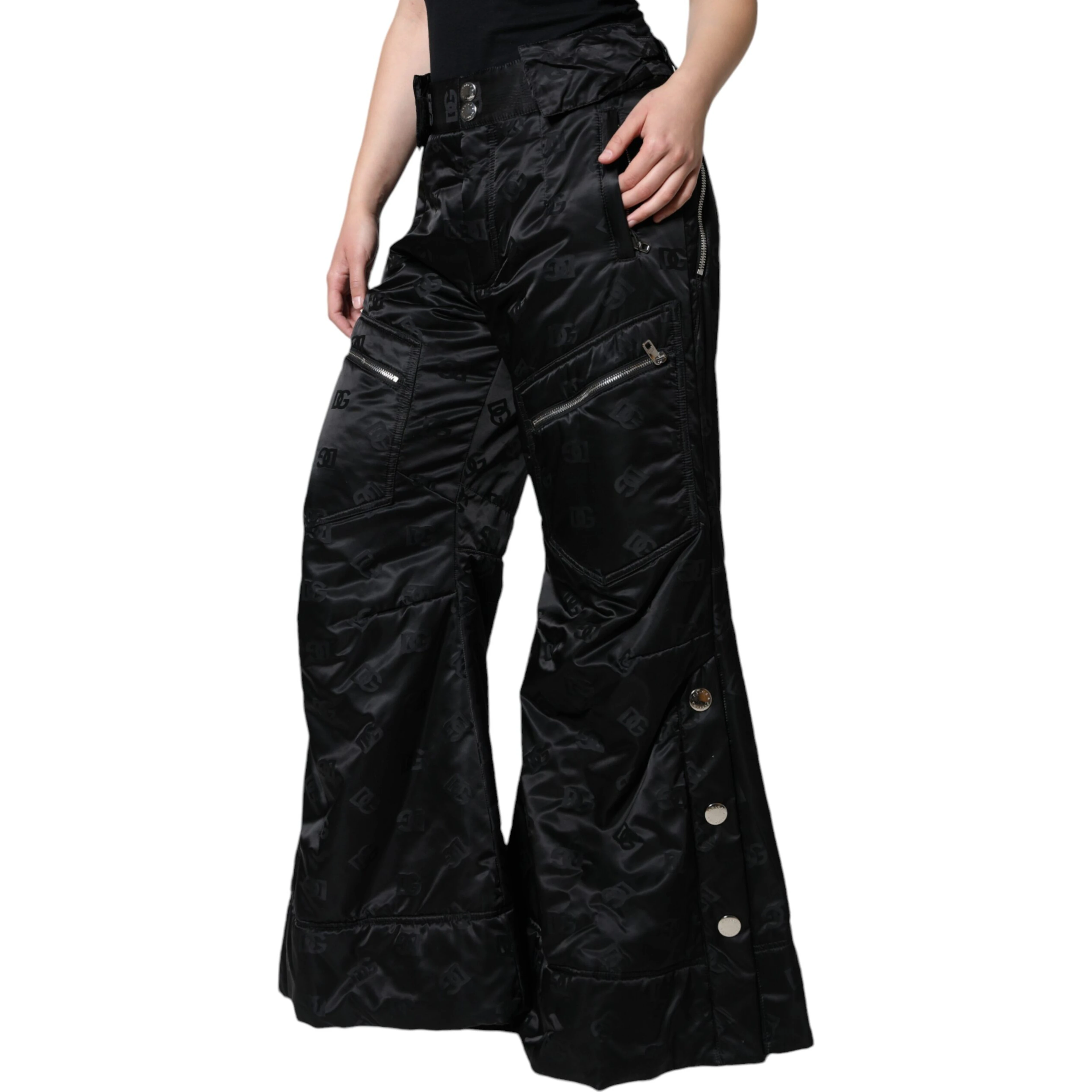 Black Quilted High Waist Women Wide Leg Pants