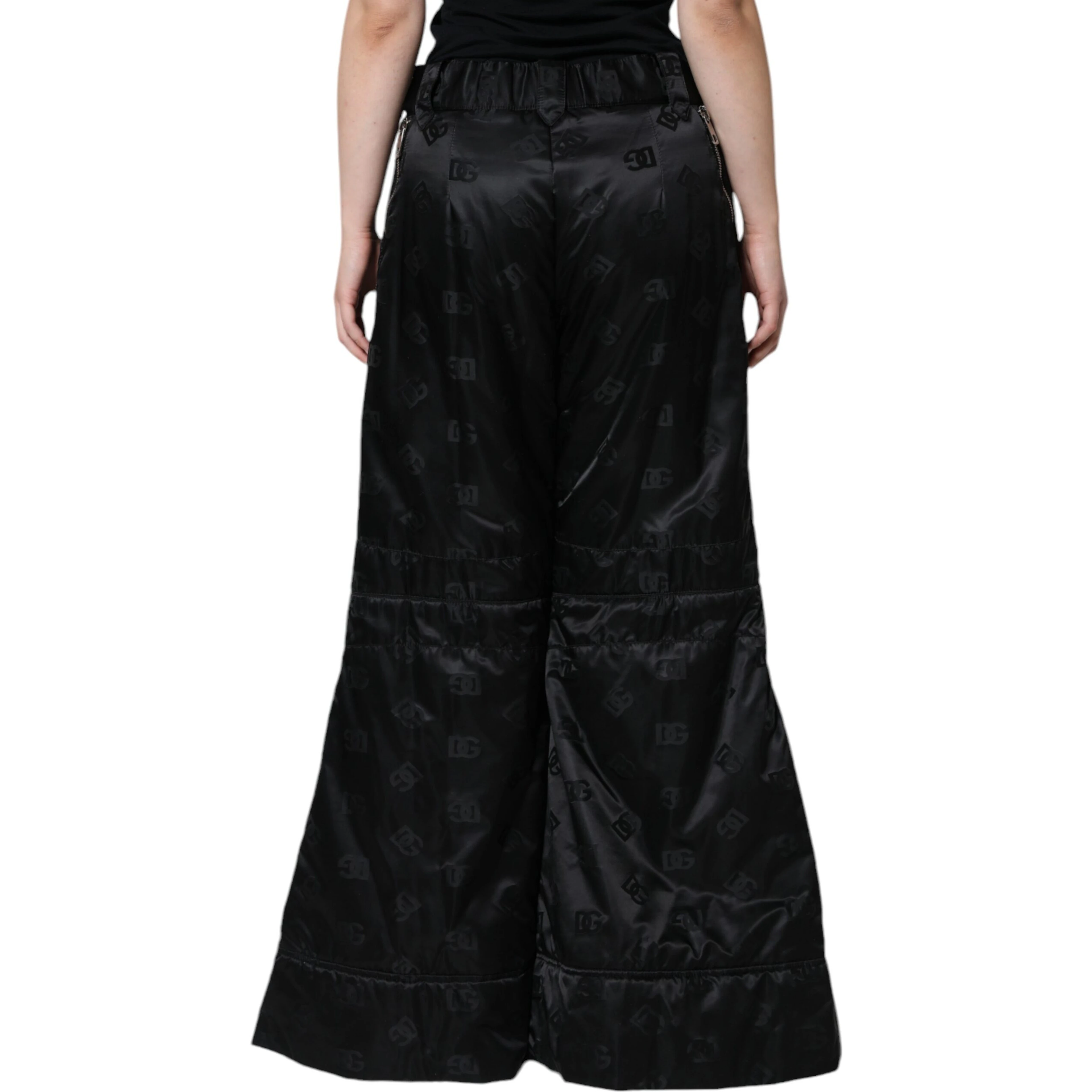 Black Quilted High Waist Women Wide Leg Pants