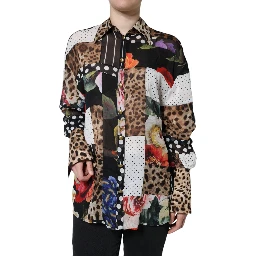 Multicolor Patchwork Silk Collared Blouse Top