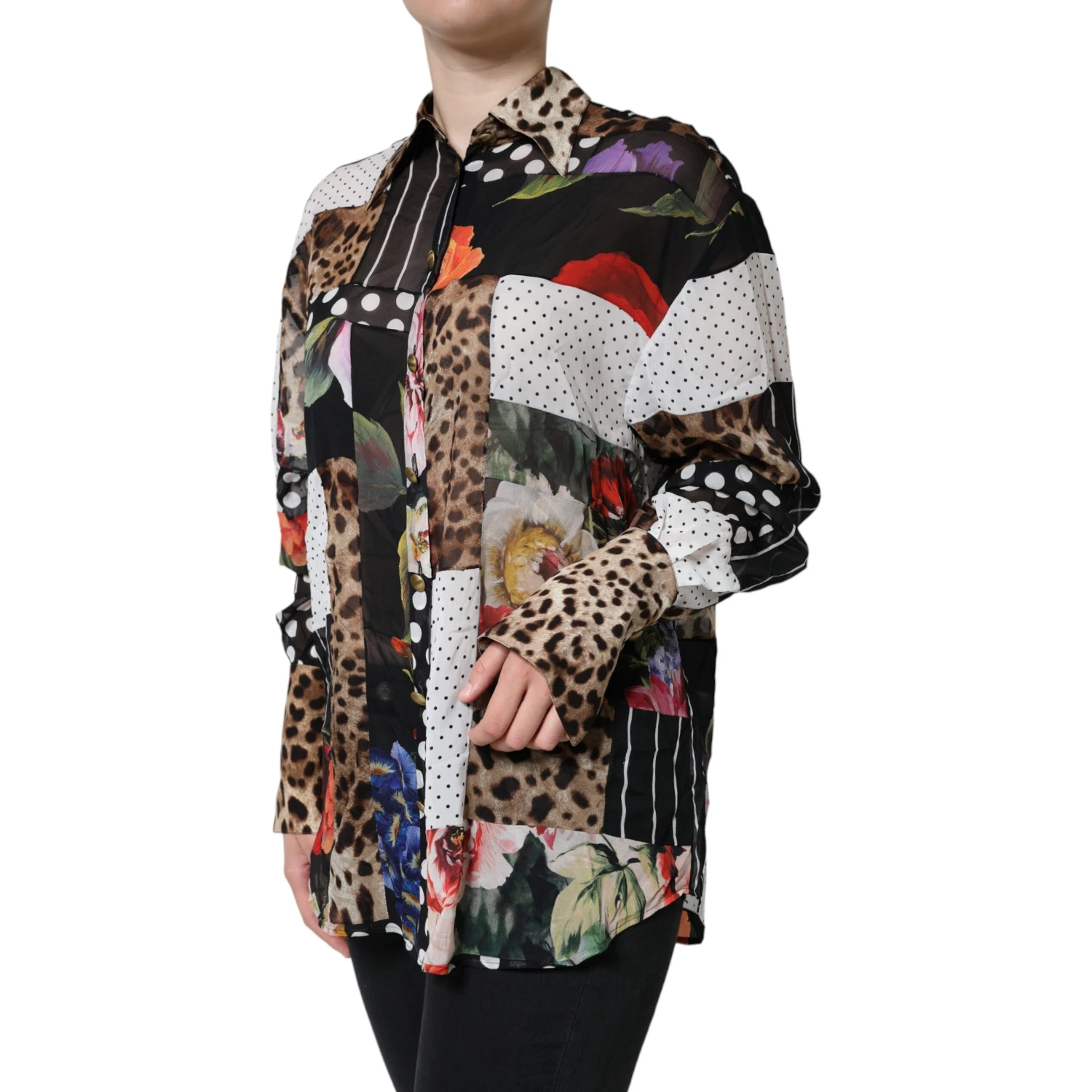 Multicolor Patchwork Silk Collared Blouse Top