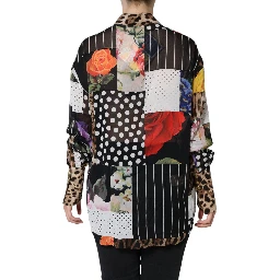 Multicolor Patchwork Silk Collared Blouse Top