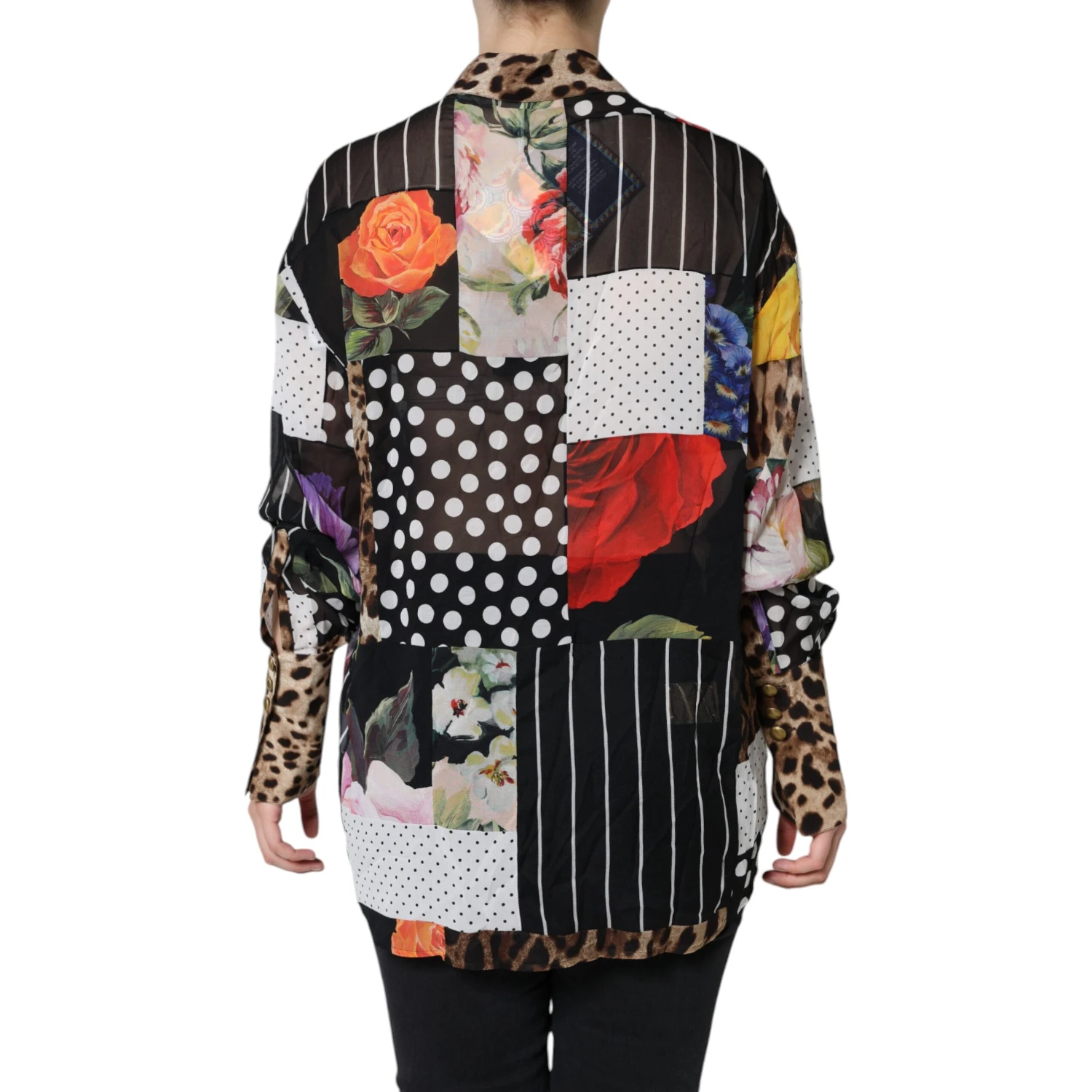 Multicolor Patchwork Silk Collared Blouse Top