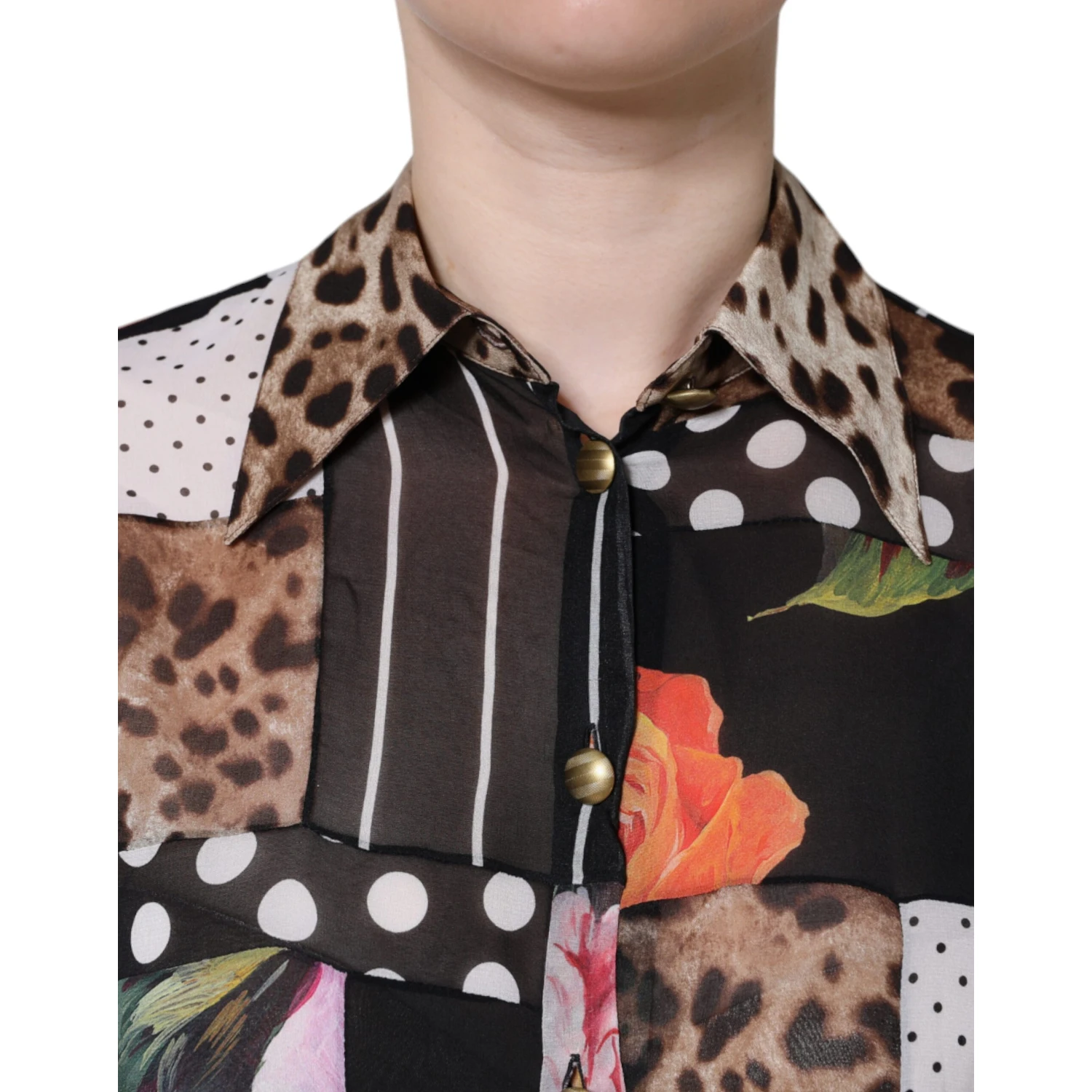 Multicolor Patchwork Silk Collared Blouse Top