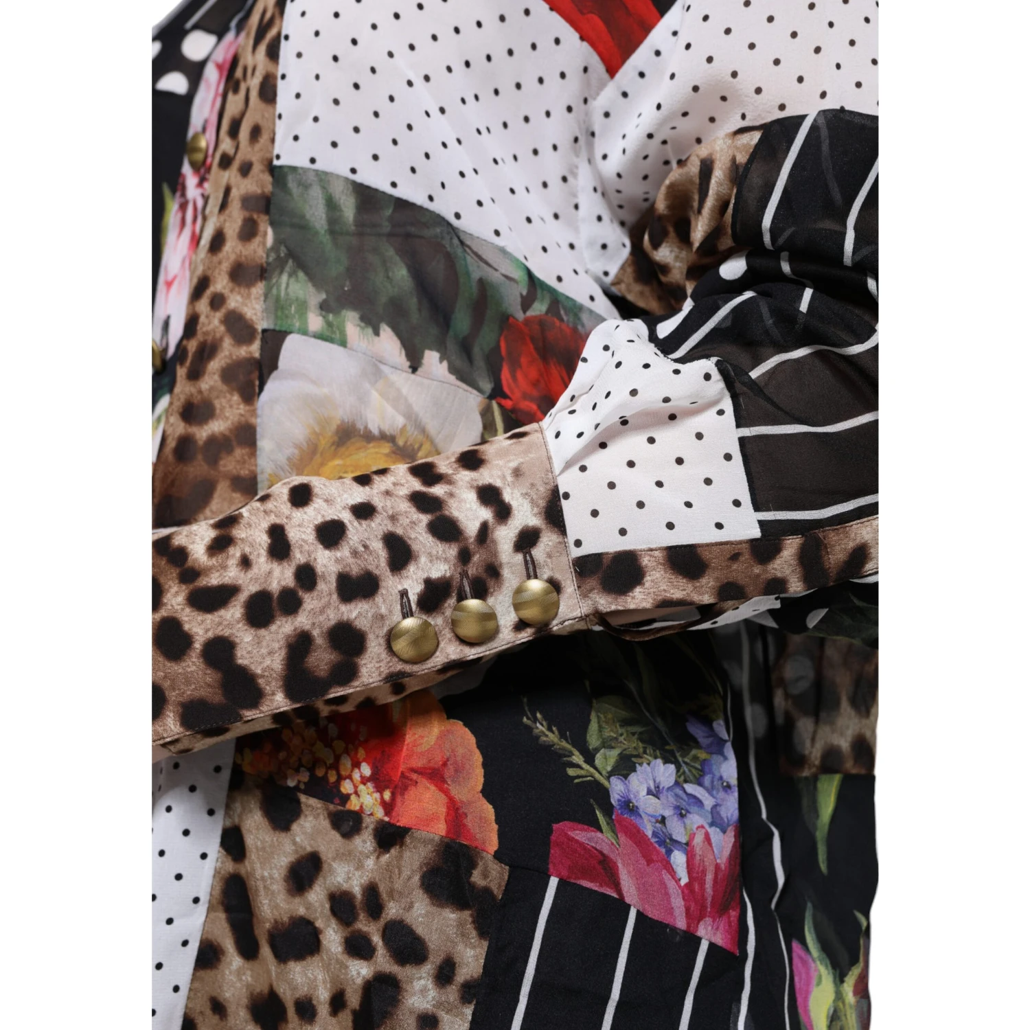 Multicolor Patchwork Silk Collared Blouse Top