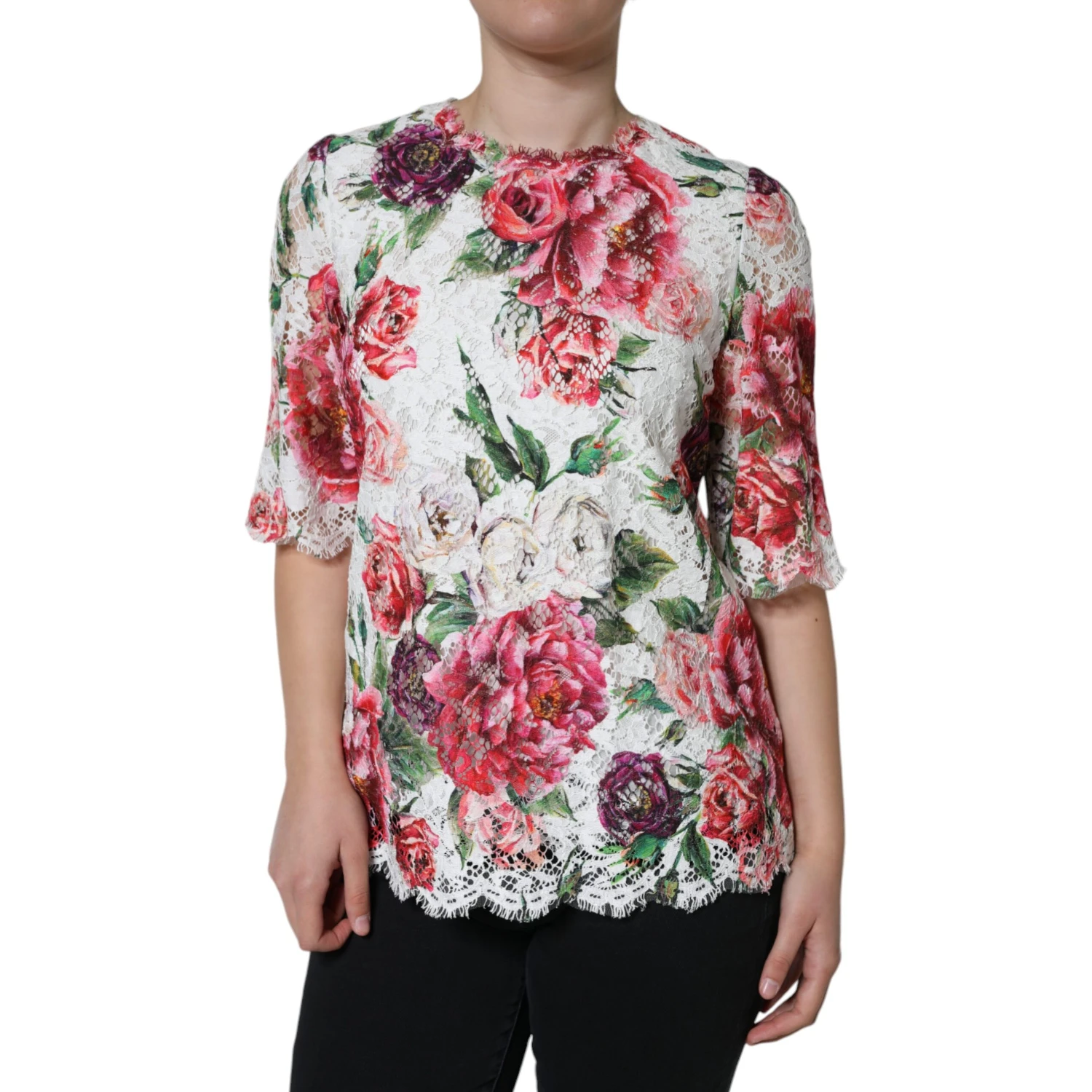 White Peony Lace Short Sleeves Blouse Top