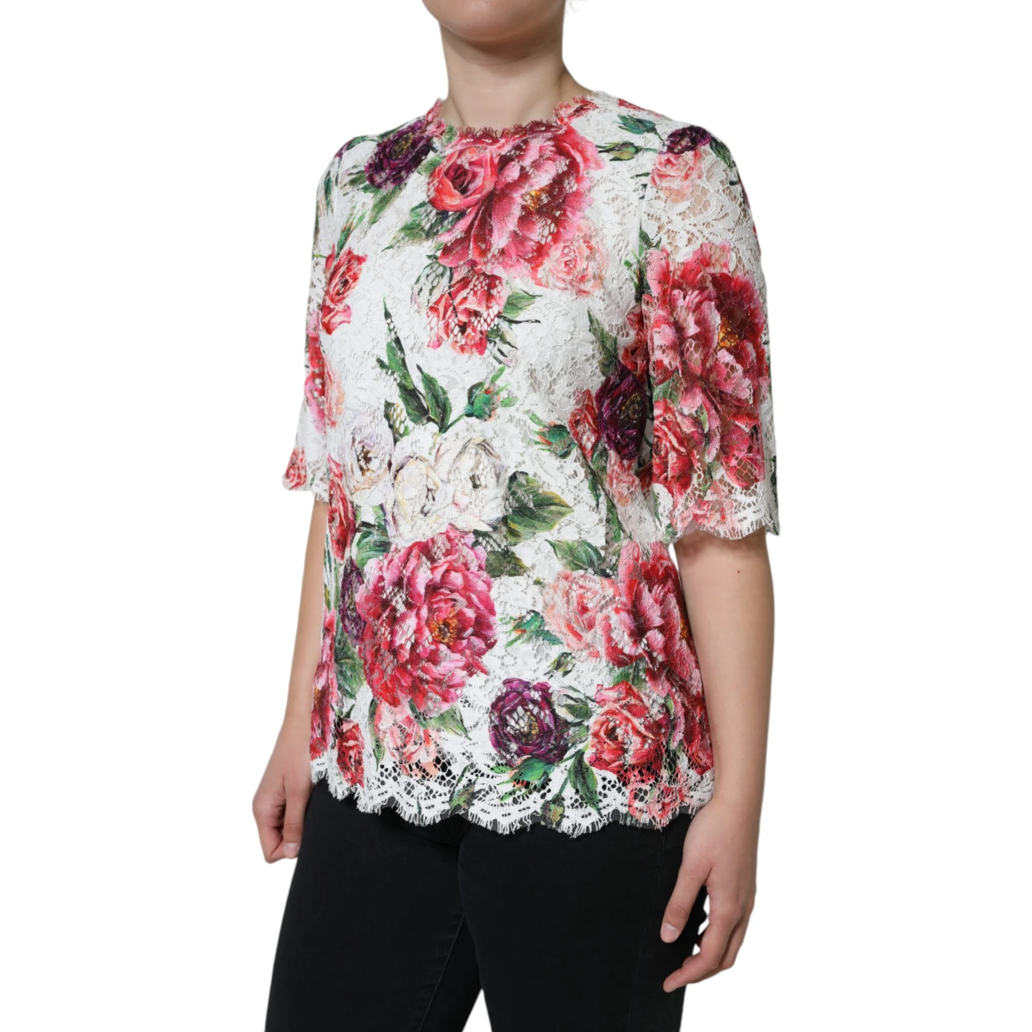 White Peony Lace Short Sleeves Blouse Top