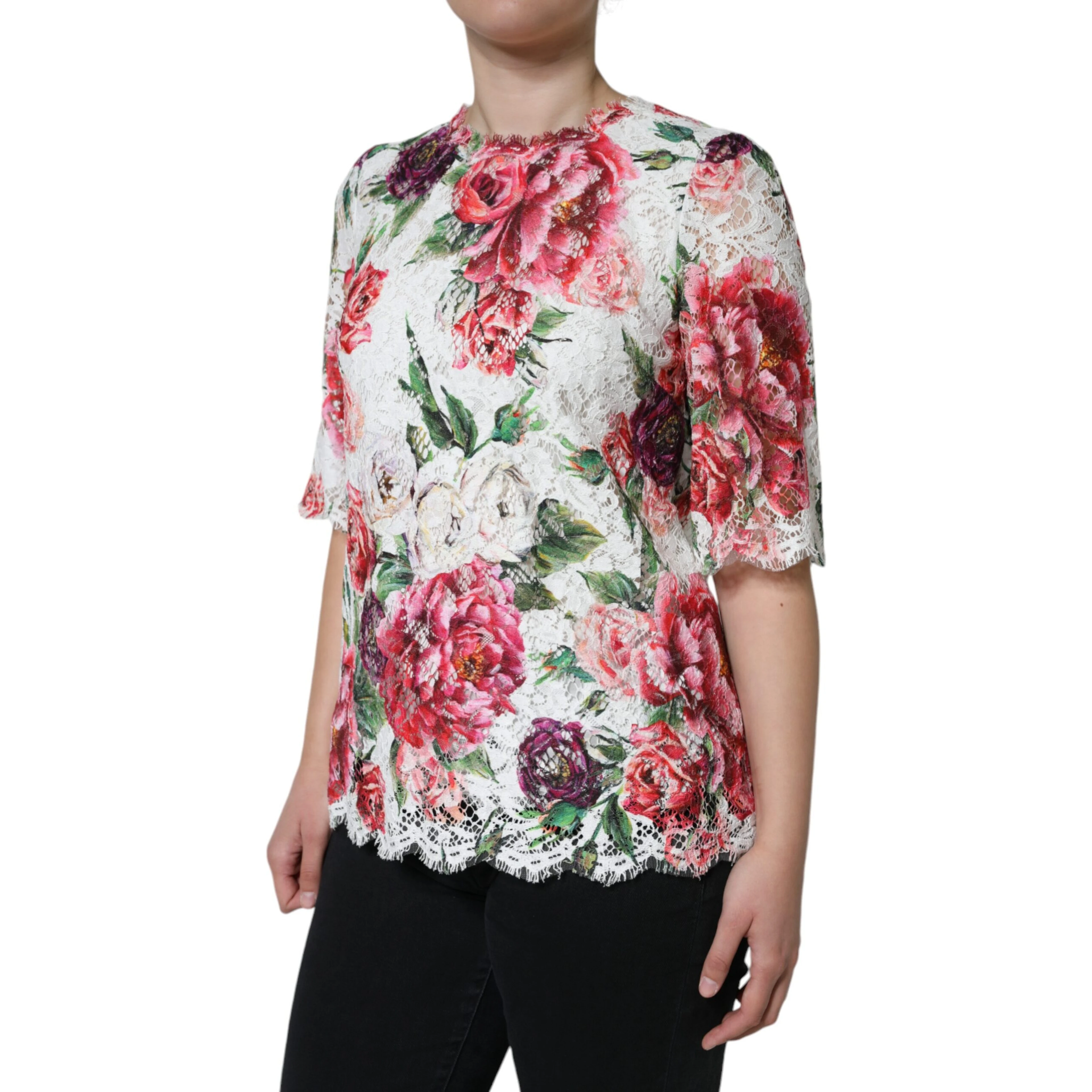 White Peony Lace Short Sleeves Blouse Top