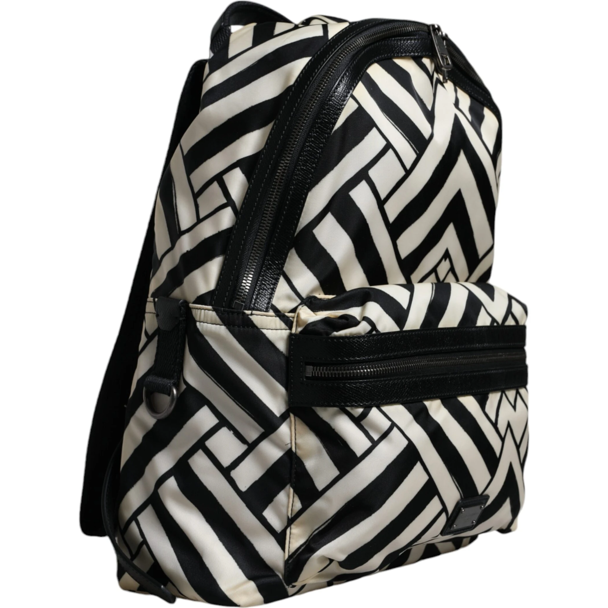Black White Nylon Leather Travel Back Pack Bag