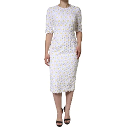 White Daisy Macrame Lace Sheath Midi Dress