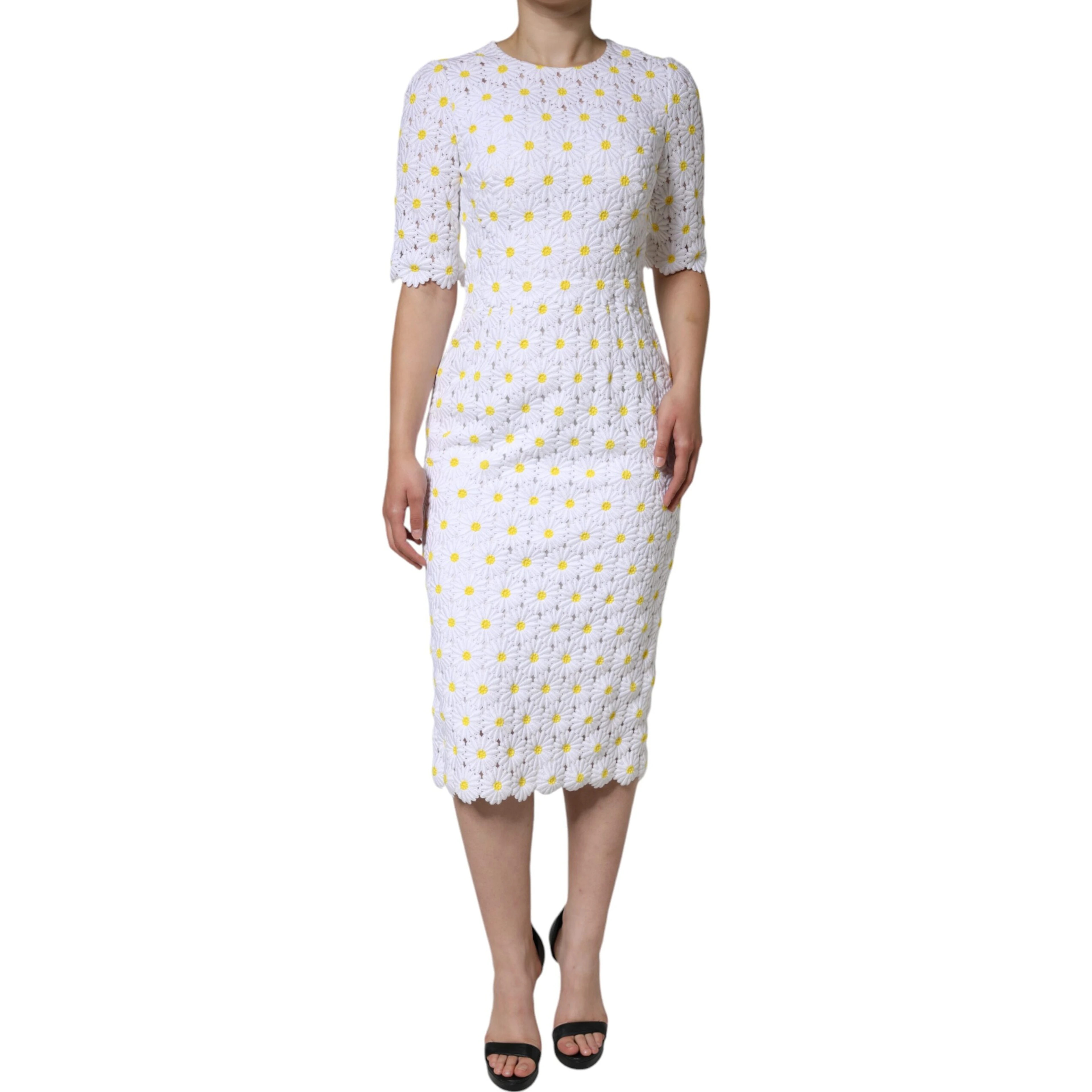 White Daisy Macrame Lace Sheath Midi Dress
