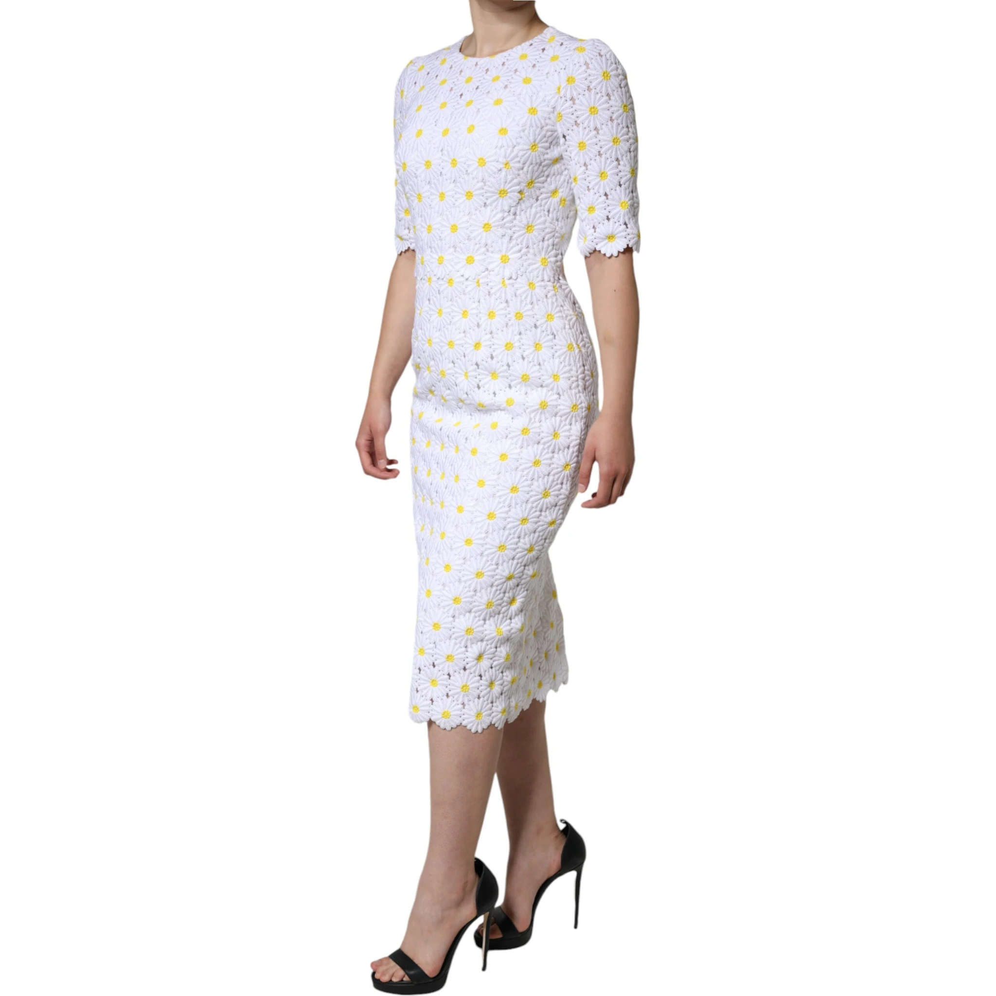 White Daisy Macrame Lace Sheath Midi Dress