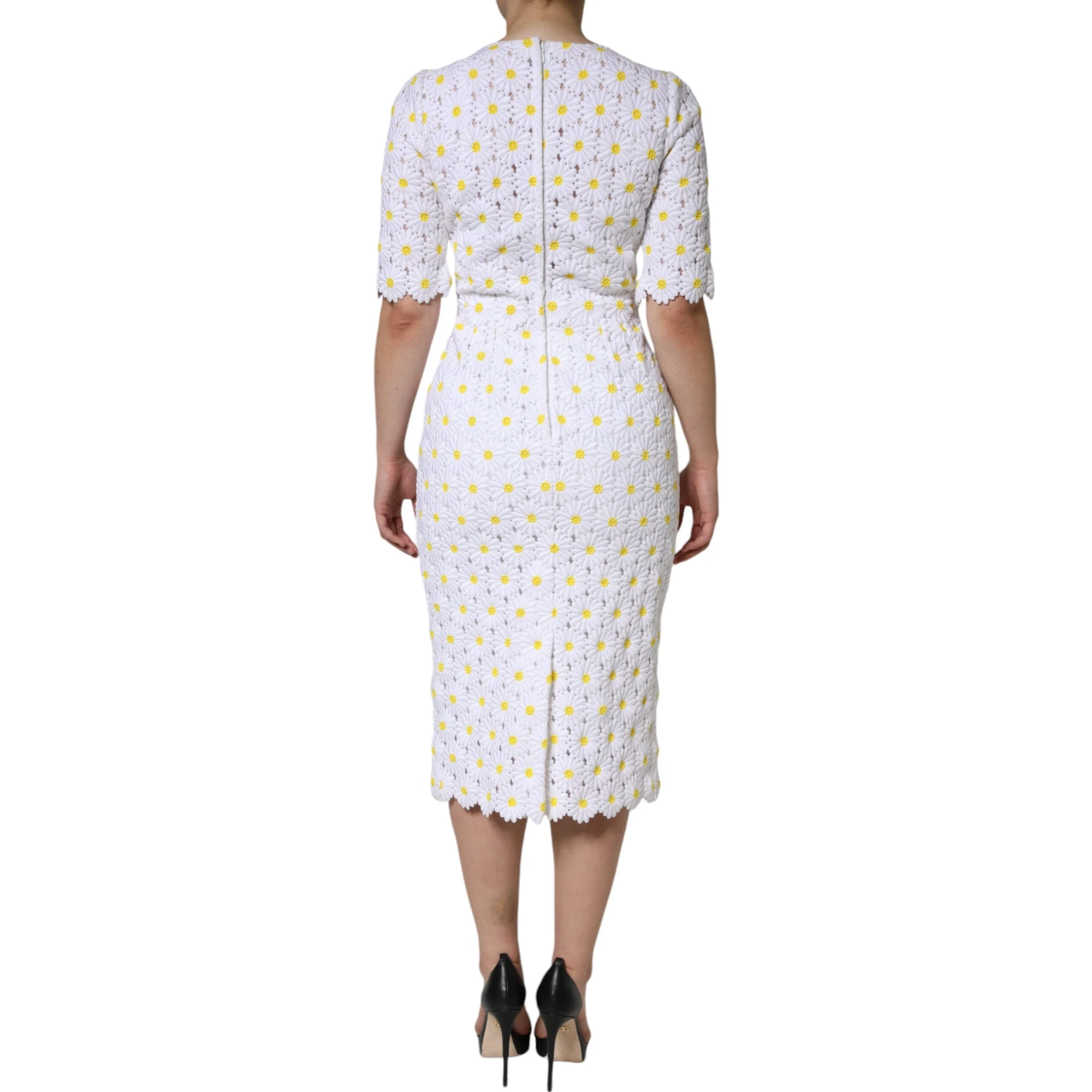 White Daisy Macrame Lace Sheath Midi Dress