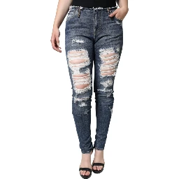 Blue Cotton Stretch Tattered Skinny Jeans