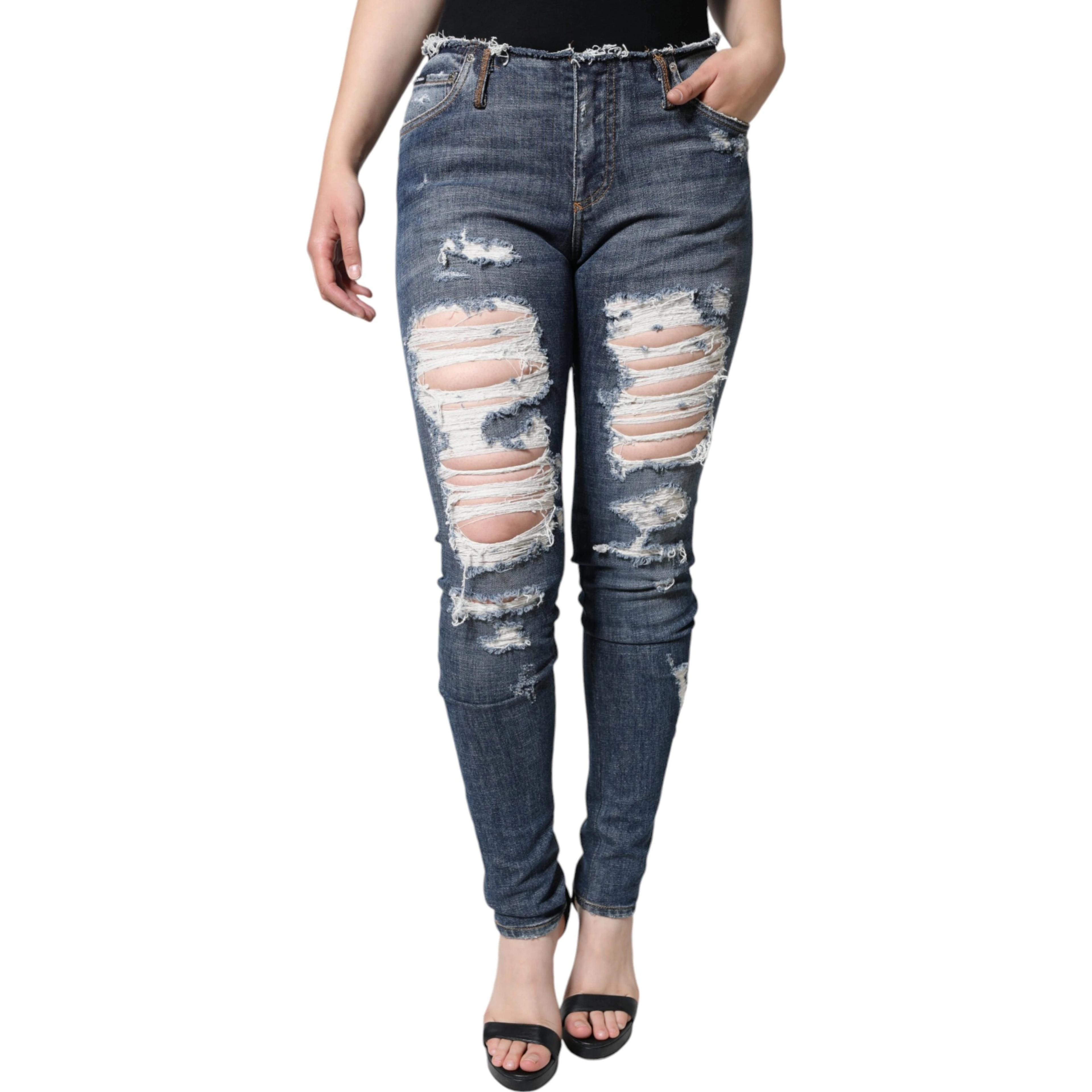 Blue Cotton Stretch Tattered Skinny Jeans
