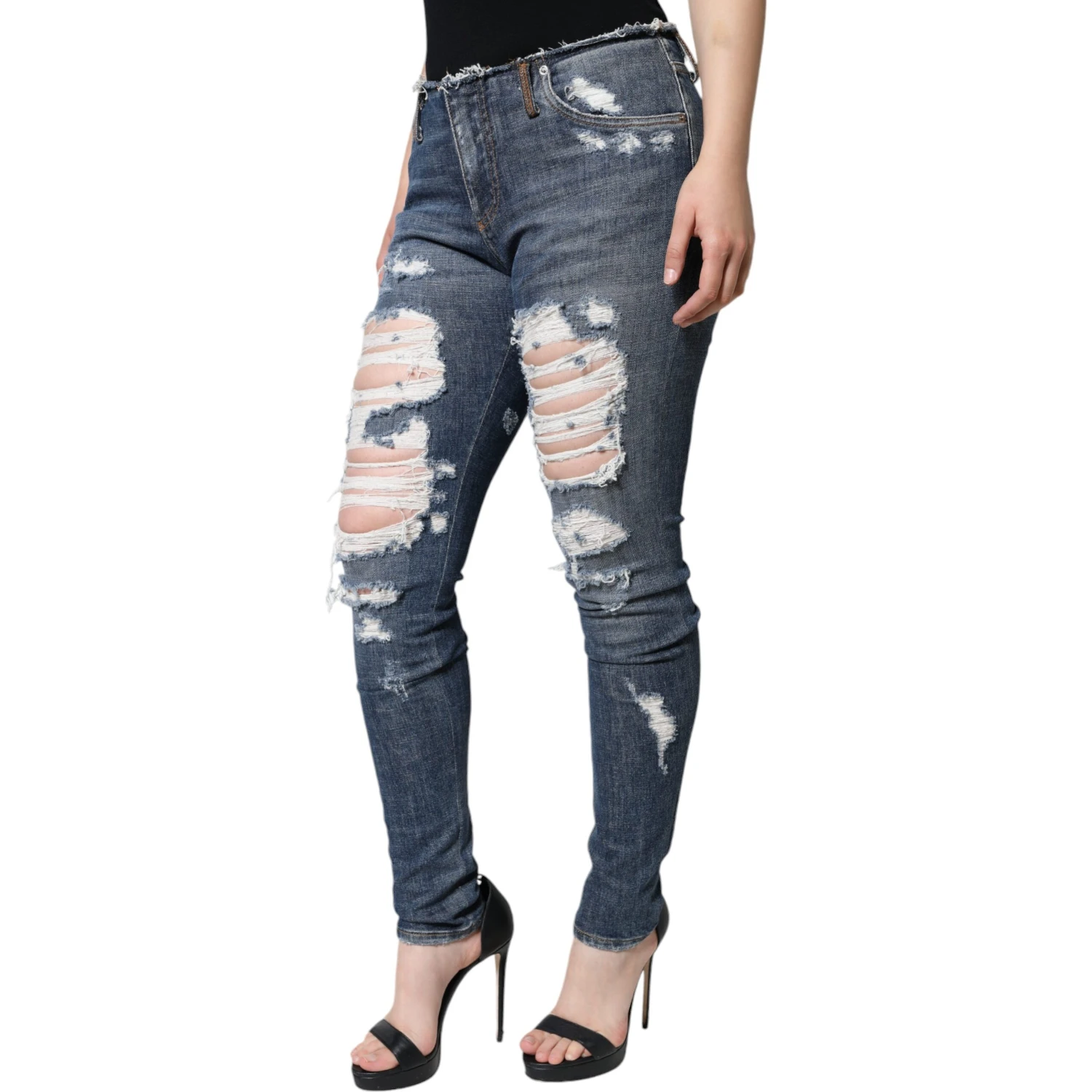 Blue Cotton Stretch Tattered Skinny Jeans
