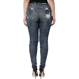 Blue Cotton Stretch Tattered Skinny Jeans