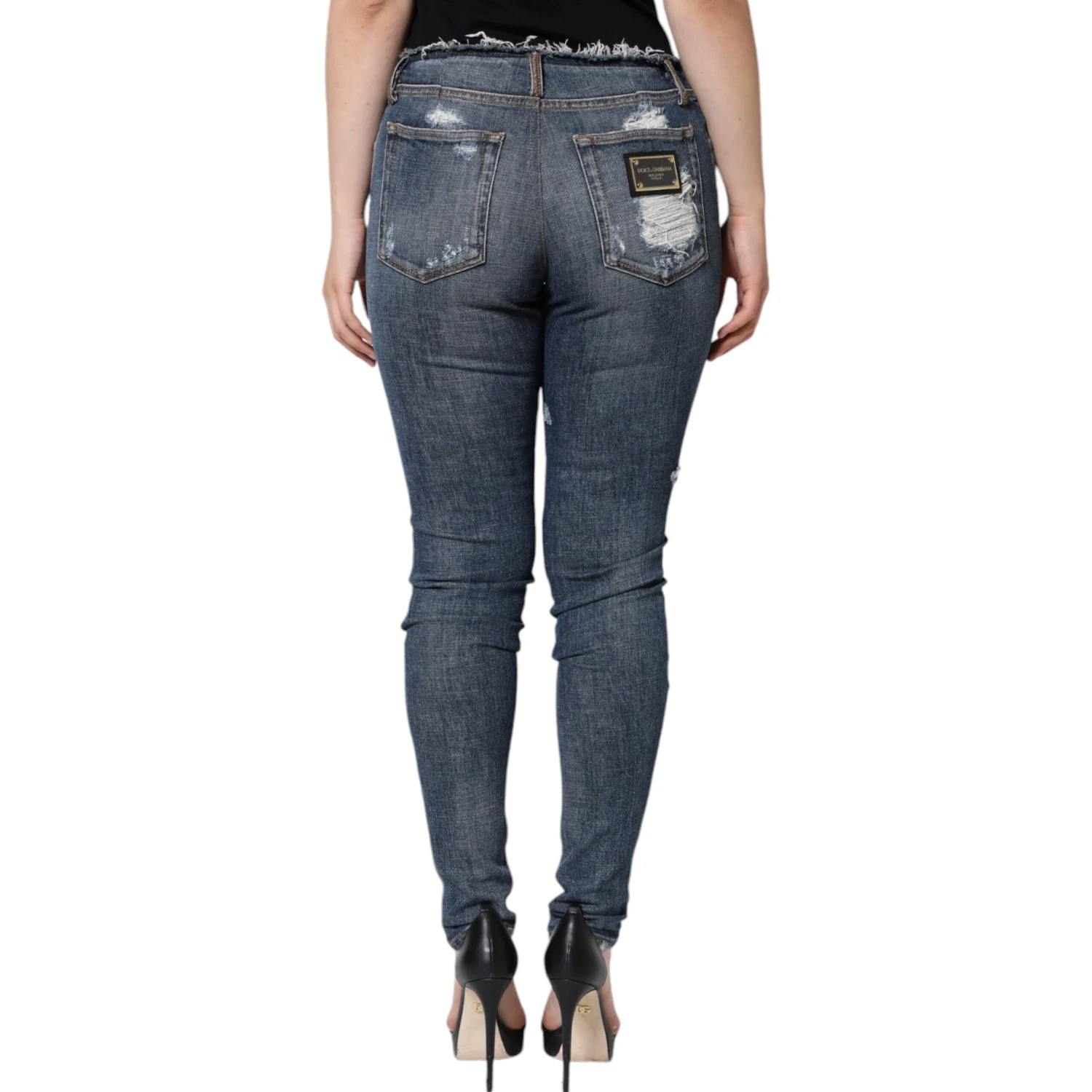 Blue Cotton Stretch Tattered Skinny Jeans