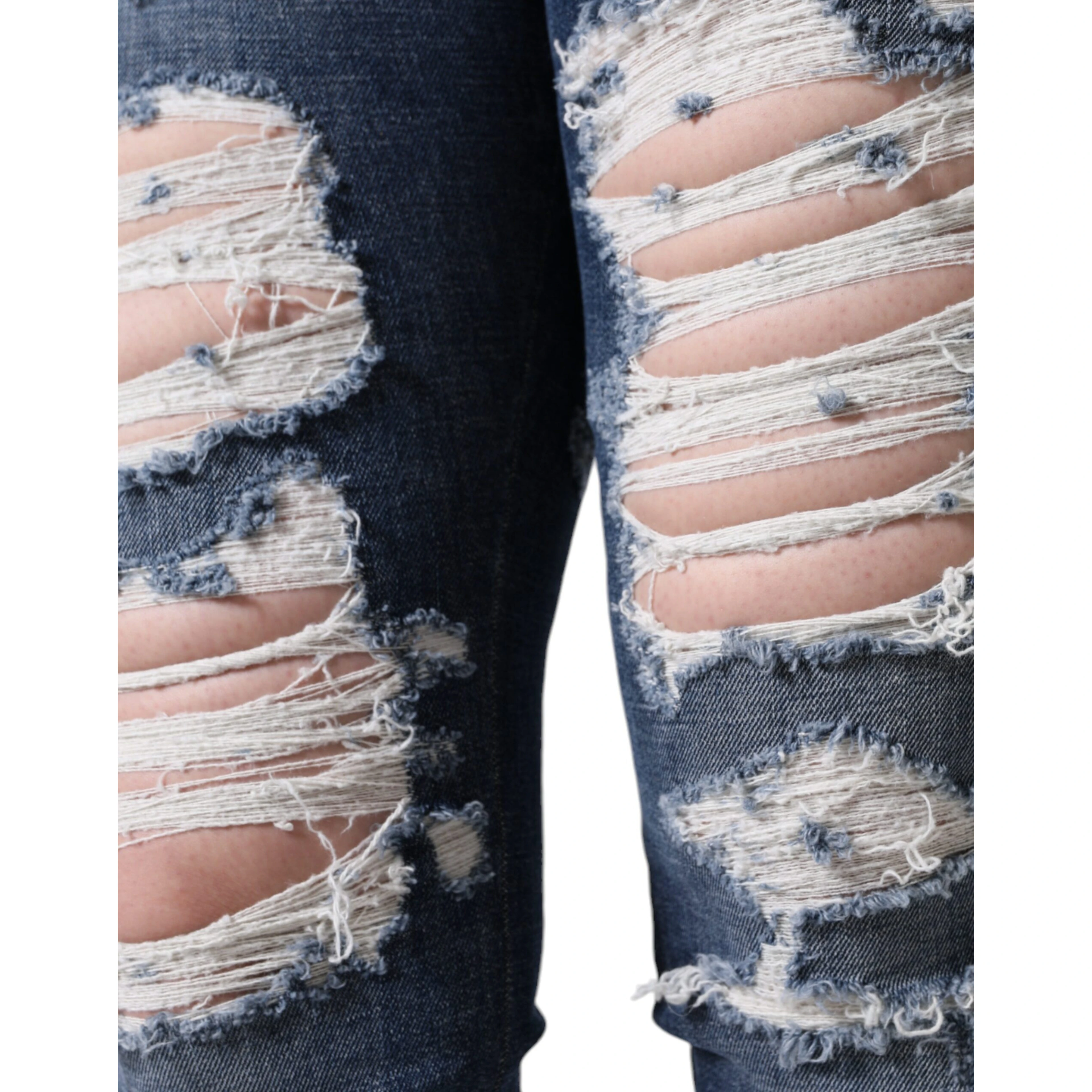 Blue Cotton Stretch Tattered Skinny Jeans