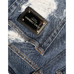 Blue Cotton Stretch Tattered Skinny Jeans