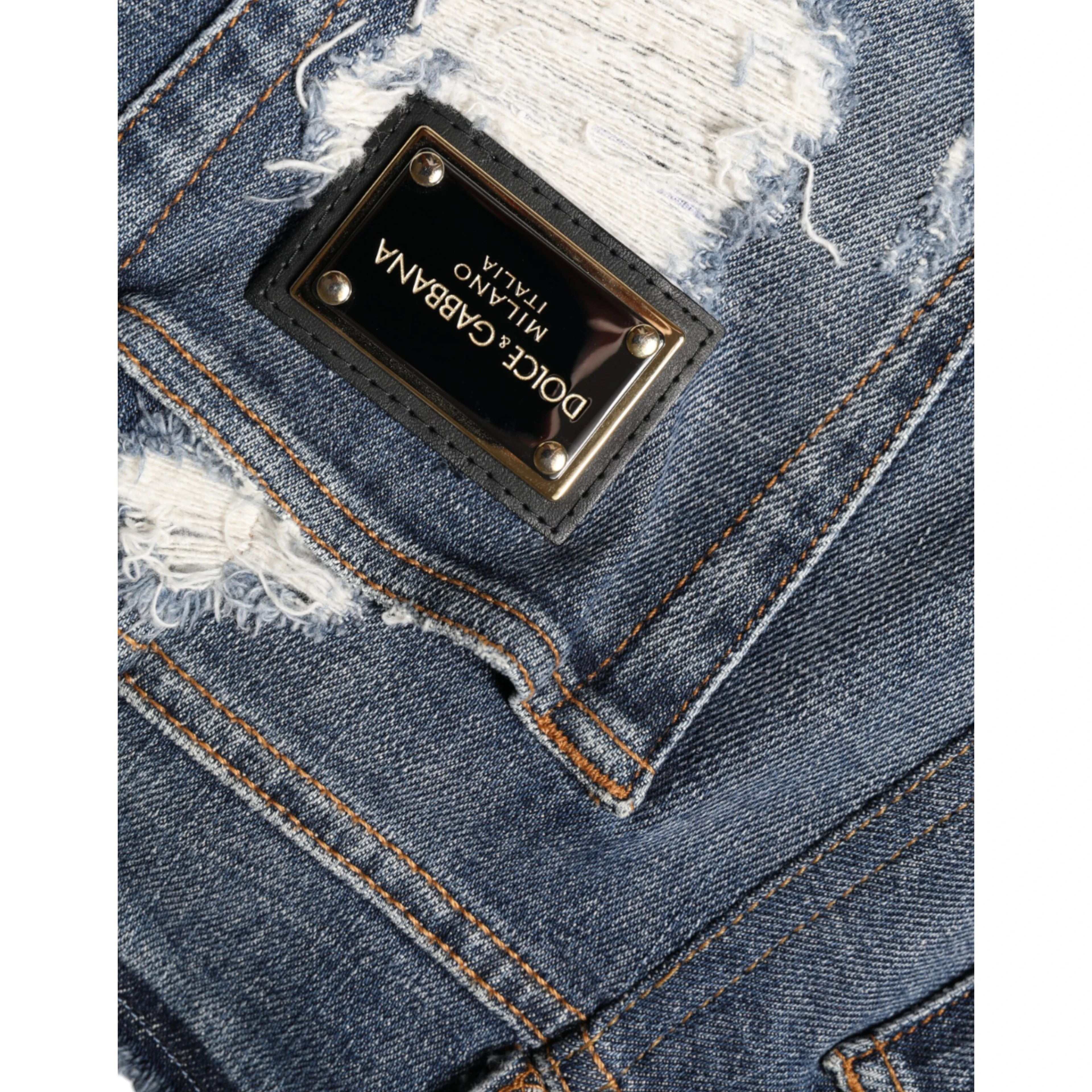 Blue Cotton Stretch Tattered Skinny Jeans