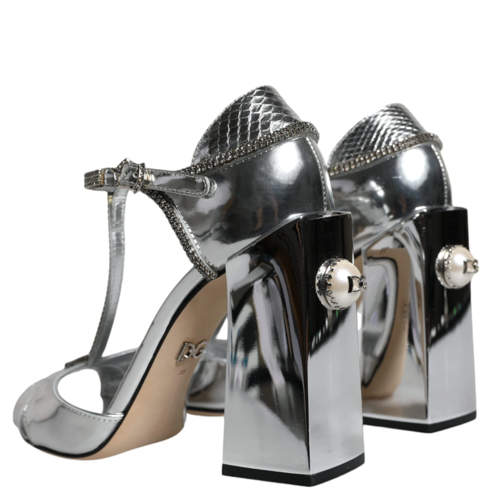 Silver Leather T-strap Heels Sandals Shoes
