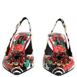 Multicolor Leather Crystal Heels Slingback Shoes