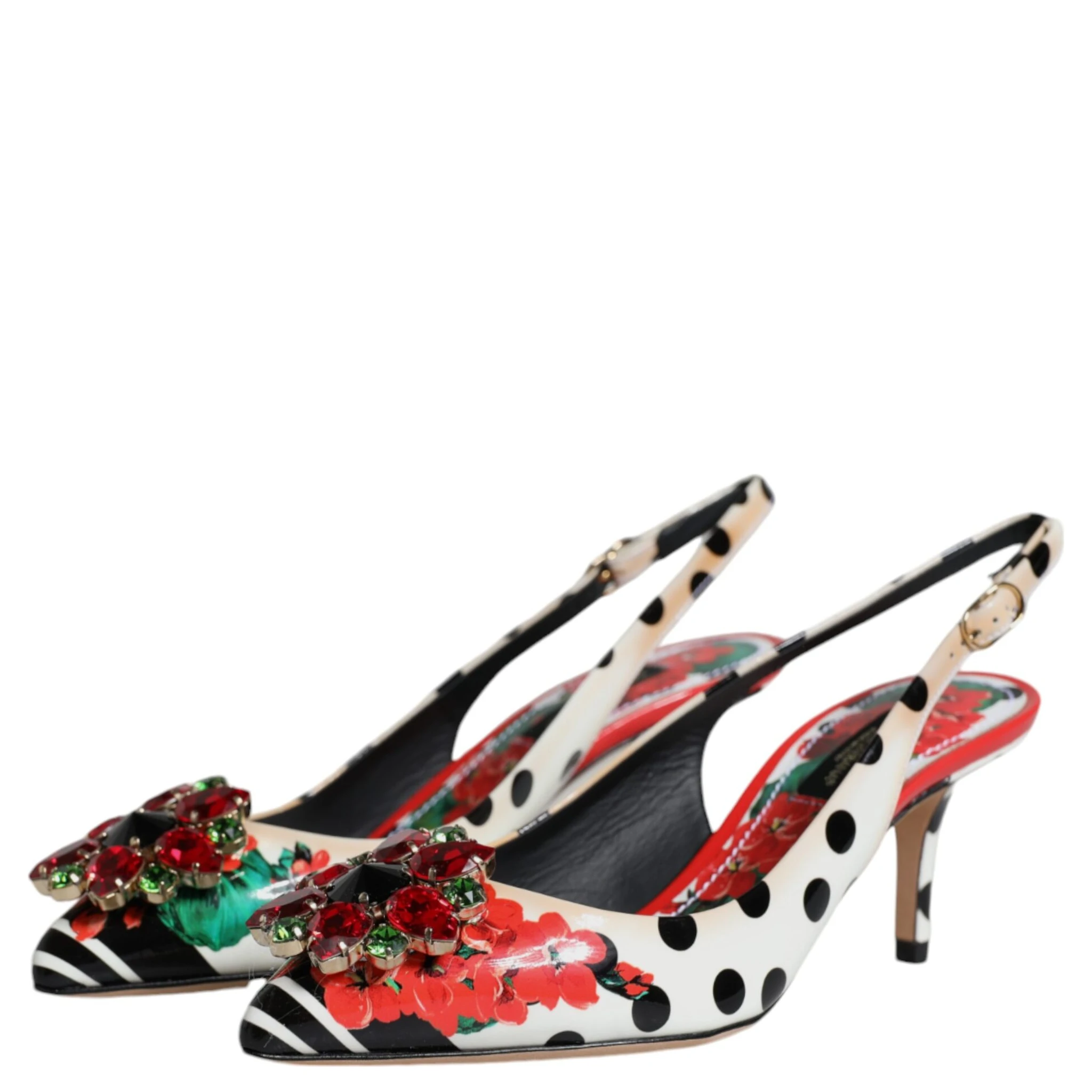 Multicolor Leather Crystal Heels Slingback Shoes