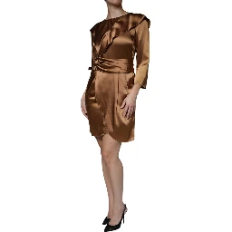Brown Satin Long Sleeves Wrap Sheath Mini Dress
