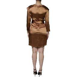 Brown Satin Long Sleeves Wrap Sheath Mini Dress