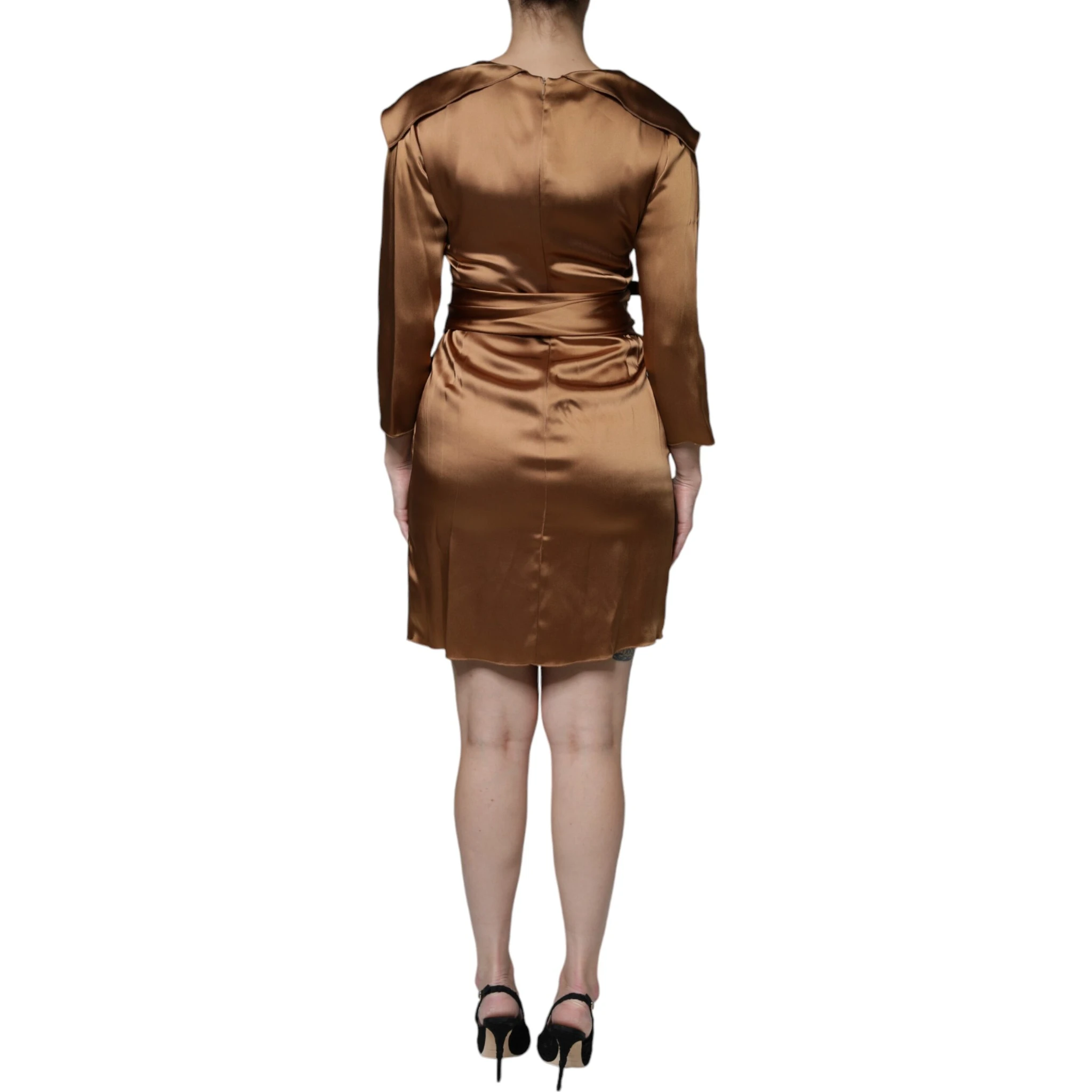 Brown Satin Long Sleeves Wrap Sheath Mini Dress