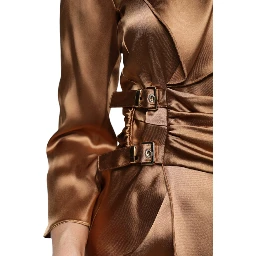 Brown Satin Long Sleeves Wrap Sheath Mini Dress